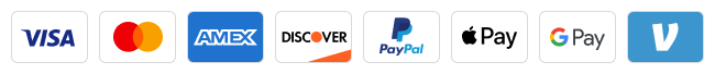 Accepted payments: Visa, Mastercard, Amex, Discover, PayPal, Apple Pay, Google Pay, Venmo