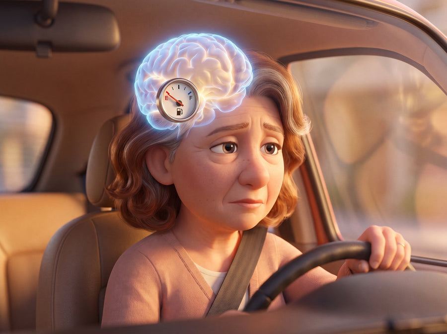 A woman running on empty — her brain low on fuel, the shortage behind migraines, low energy and brain fog