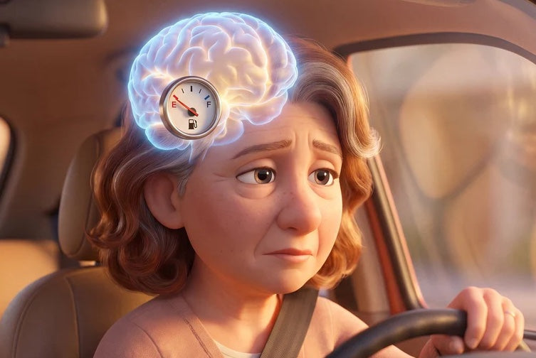 A woman running on empty — her brain low on fuel, the shortage behind migraines, low energy and brain fog