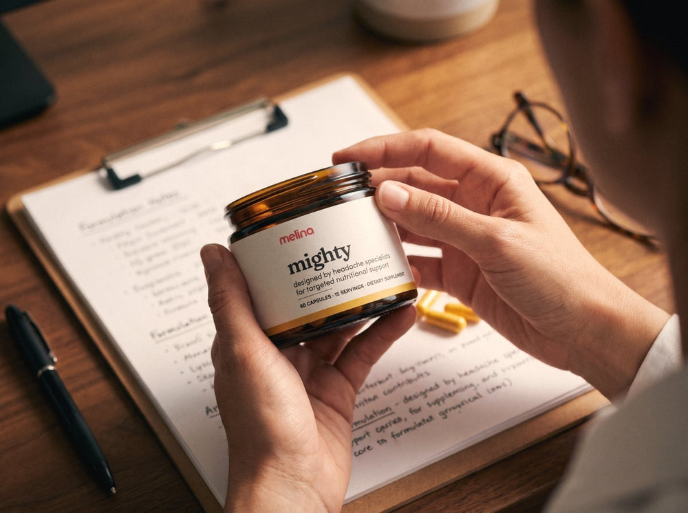 Hands holding a jar of Mighty over a clinician's notes