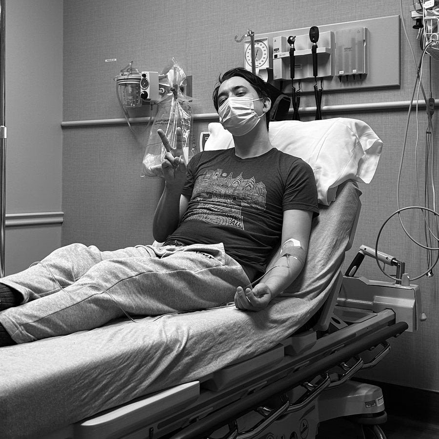 Jeremy in the hospital on an IV during a migraine