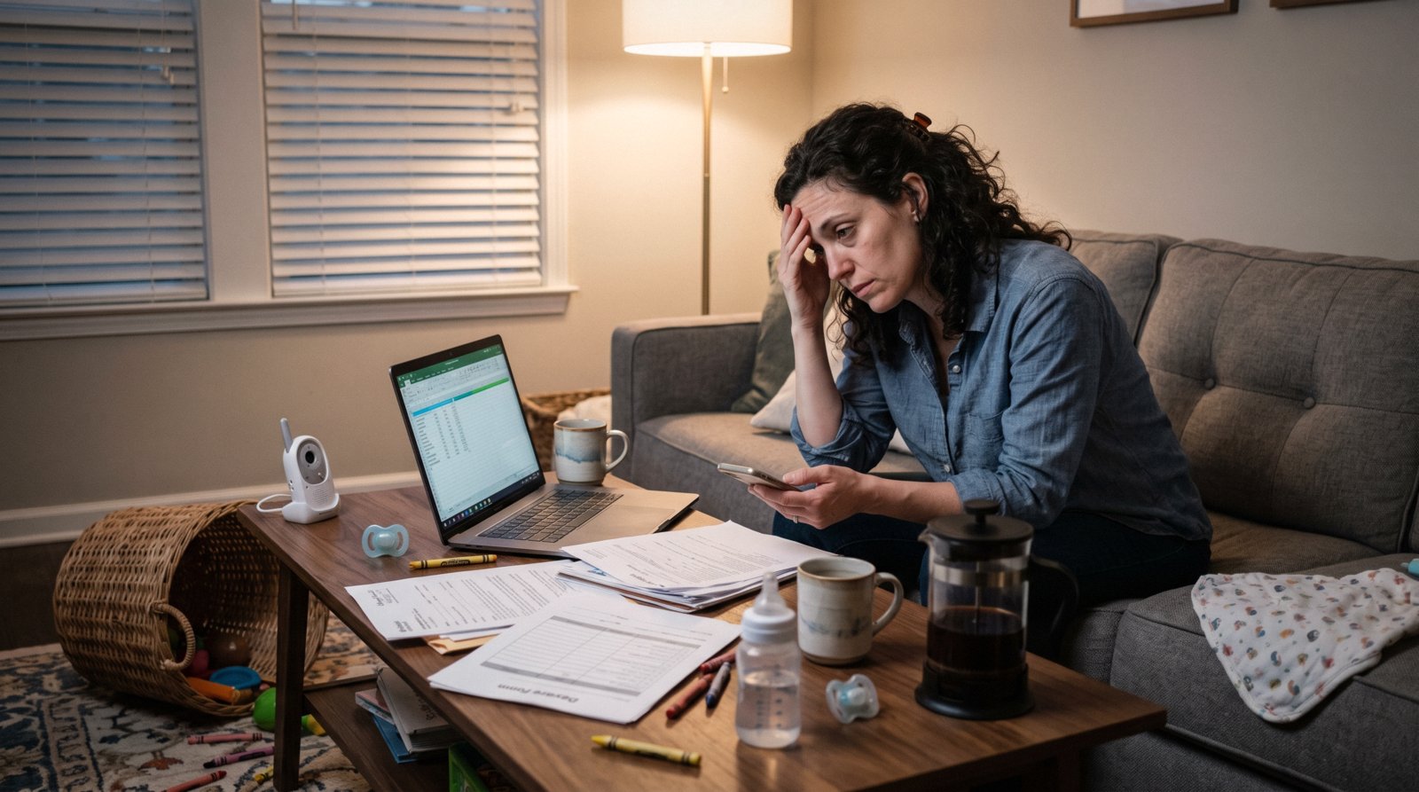 End of the day on the couch: the laptop, the paperwork, the cold coffee, and nothing left in the tank