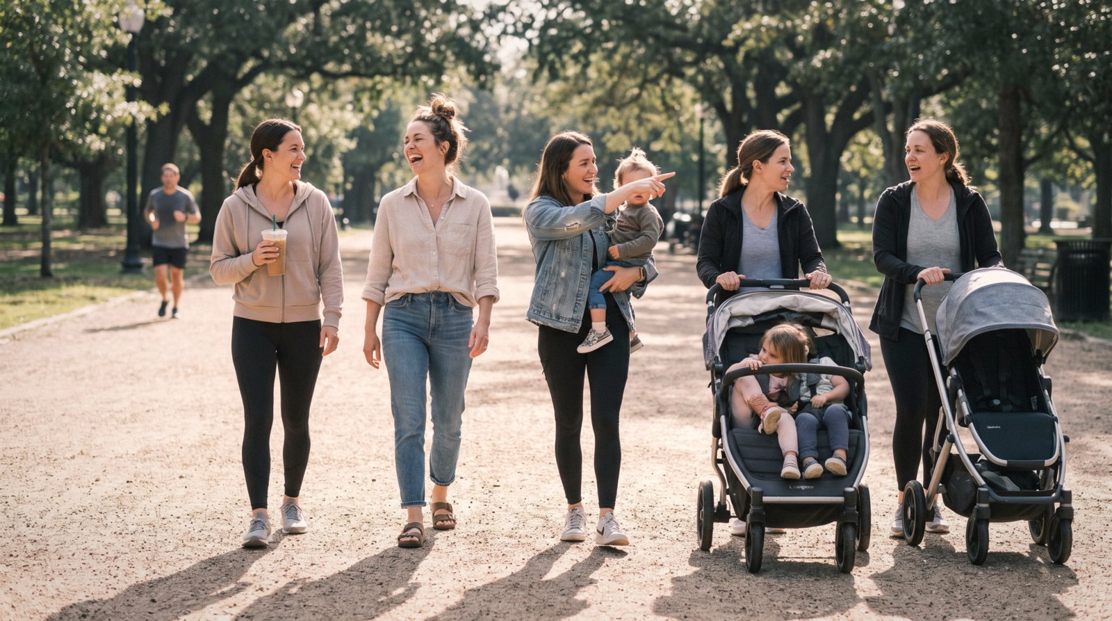 A group of moms out walking together in the morning sun, laughing