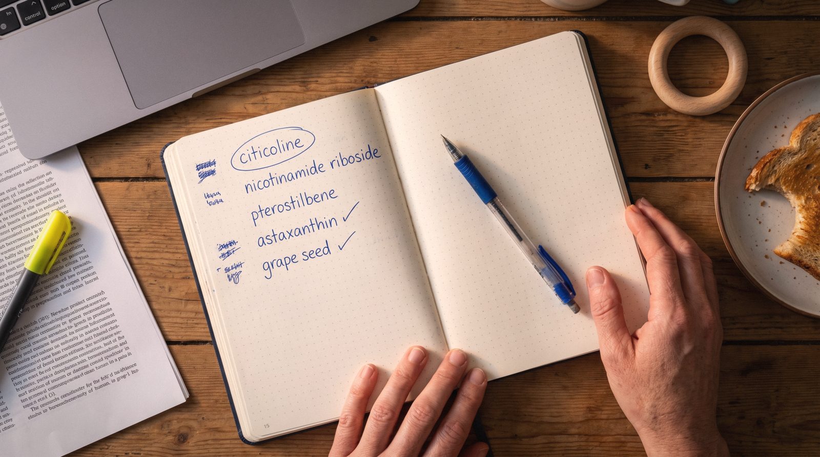 The shortlist in my notebook: citicoline, nicotinamide riboside, pterostilbene, astaxanthin, grape seed