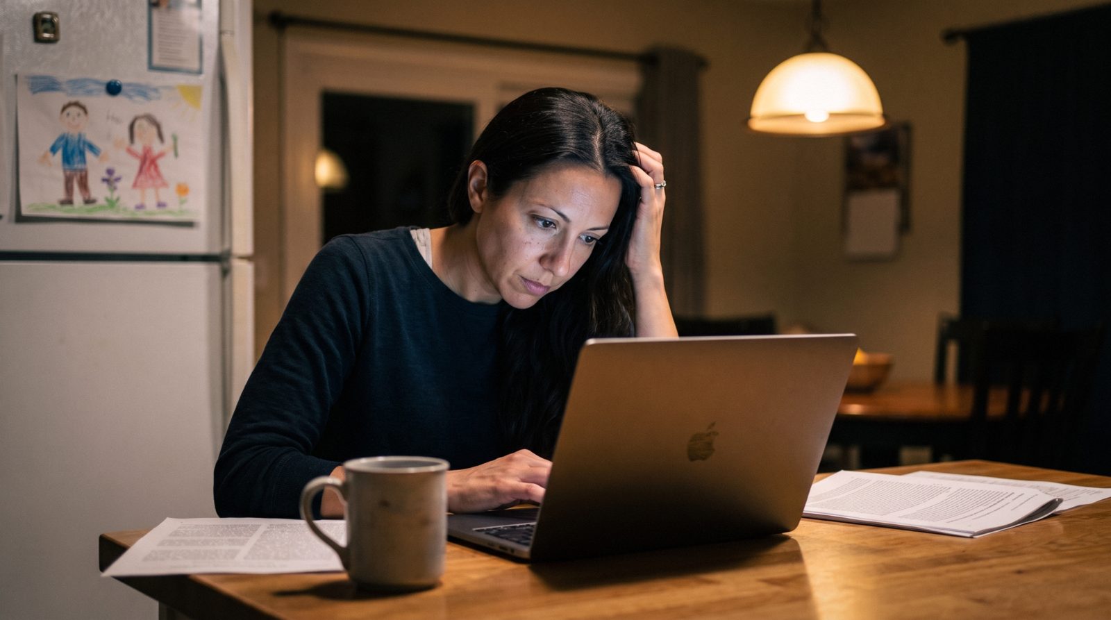 Reading research abstracts at the kitchen table at night