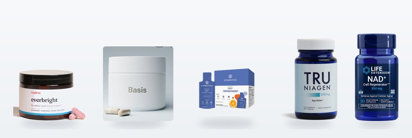 The five NAD+ supplements compared in this review, lined up side by side